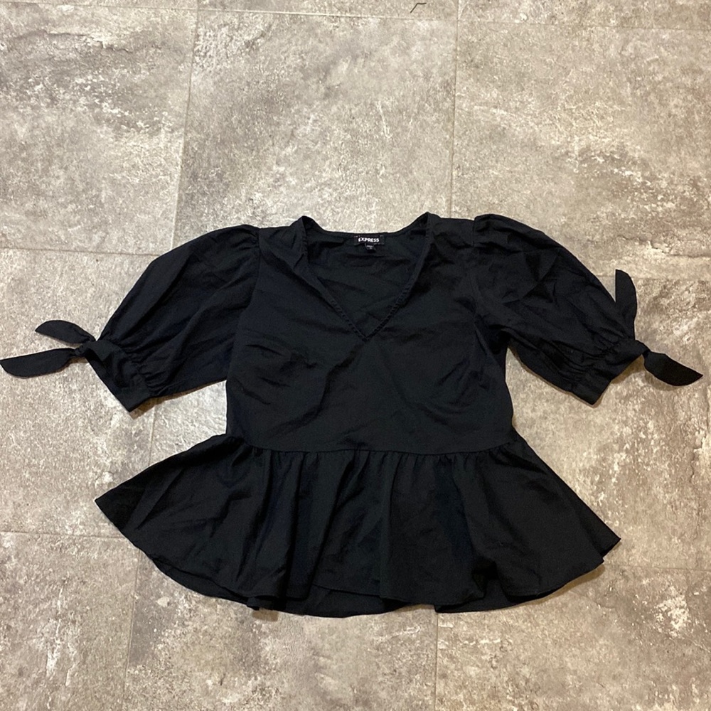 Express Small Puff Sleeve with Tie Detail Peplum Blouse